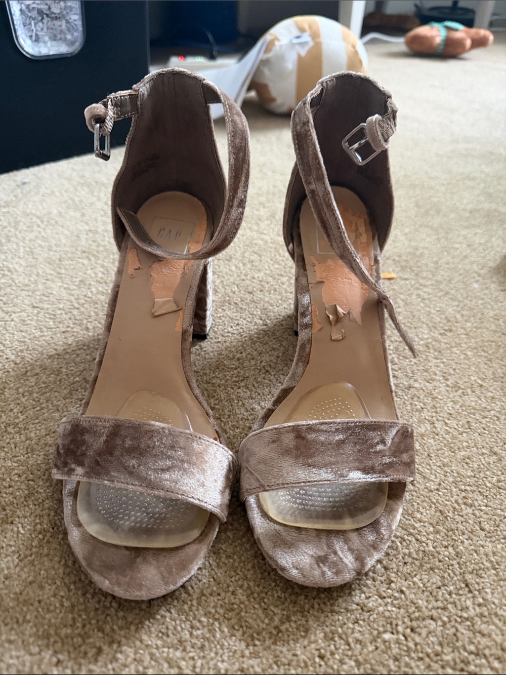 Velvet Ankle-Strap Block Heel Sandals — Taupe